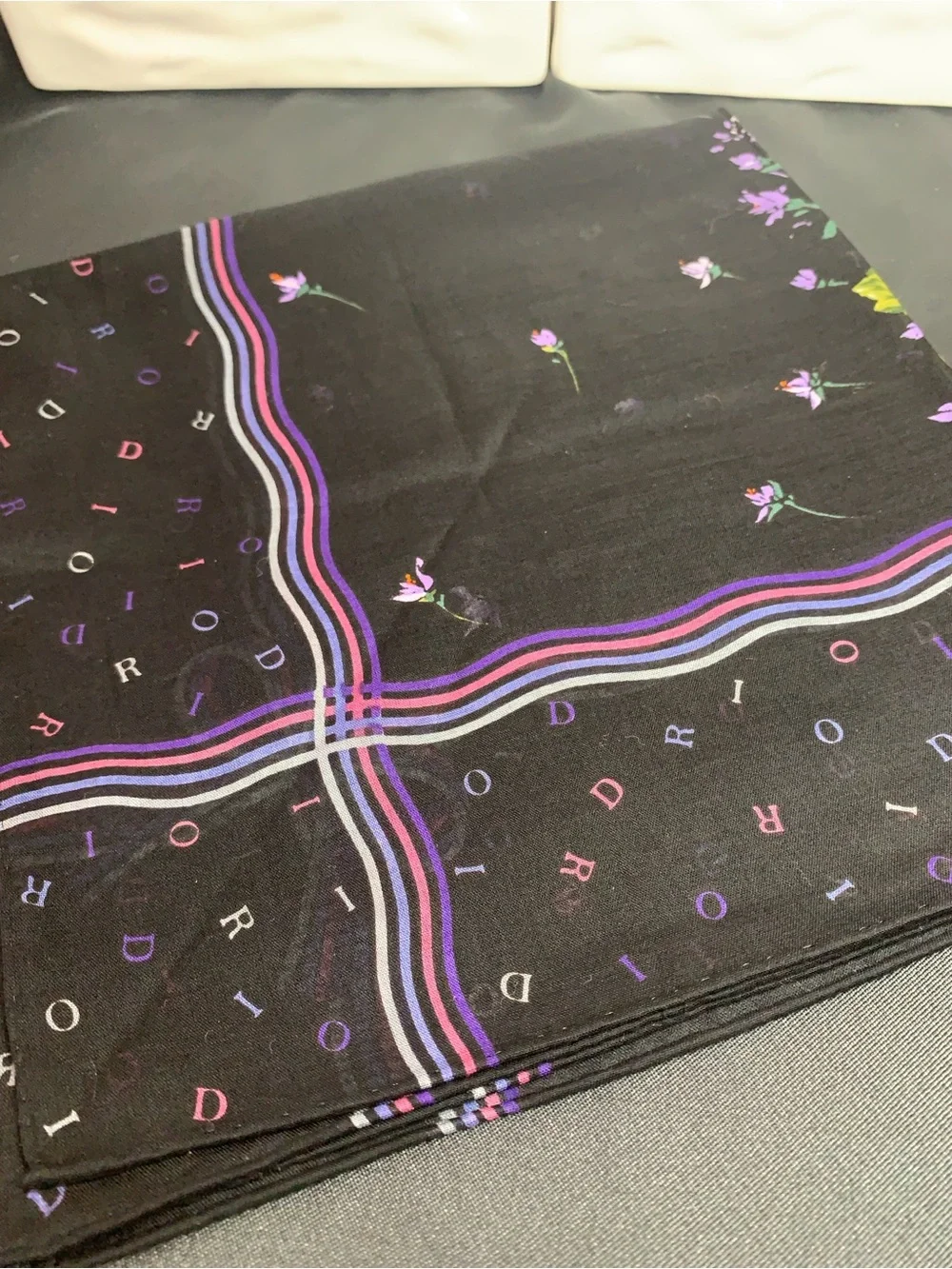 Christian Dior Floral Silk Scarf — Black with Purple & Pink Bouquet